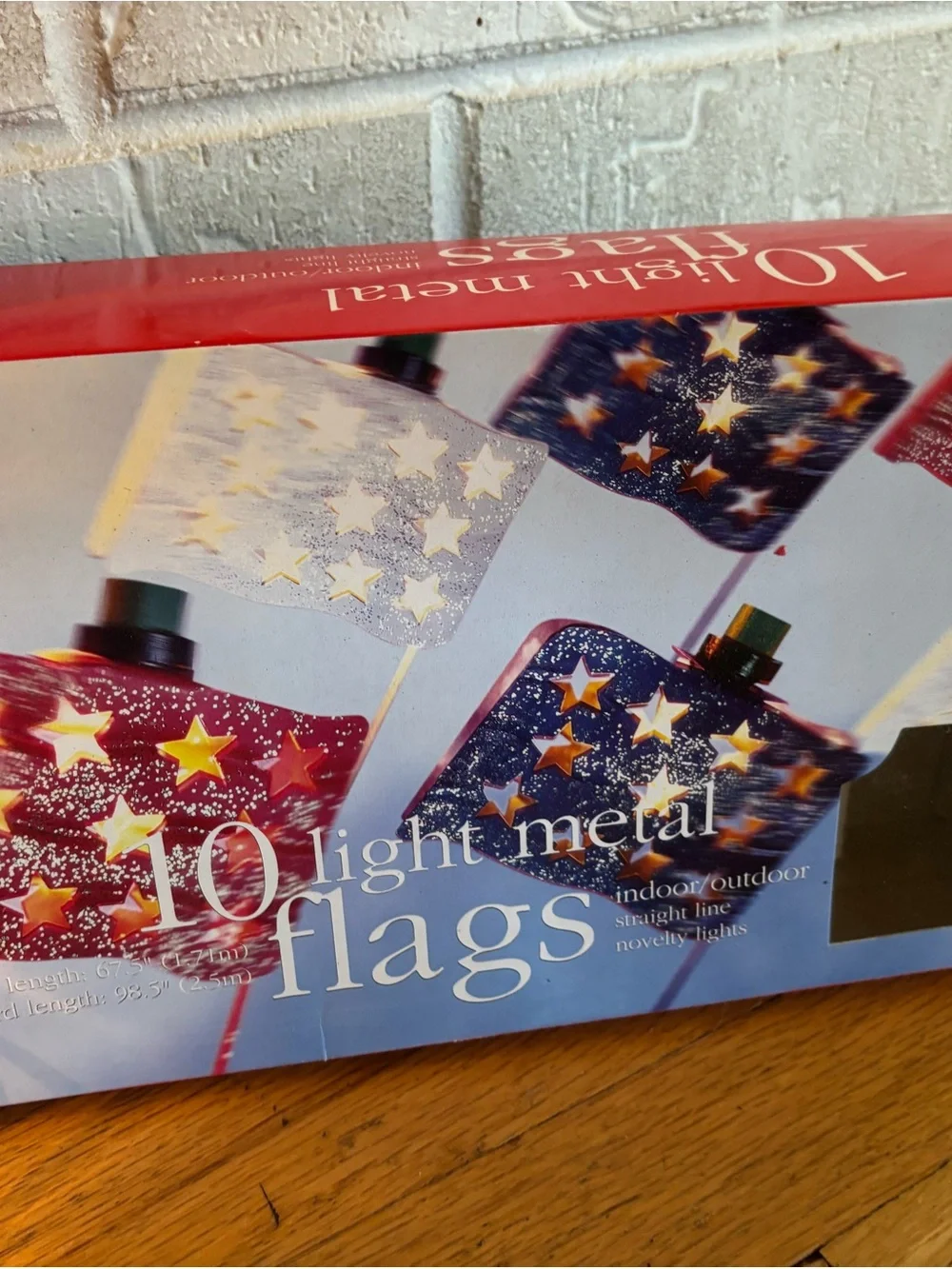 Vintage NWT Patriotic 10 Light Metal USA Flag String Lights - Star Cutouts